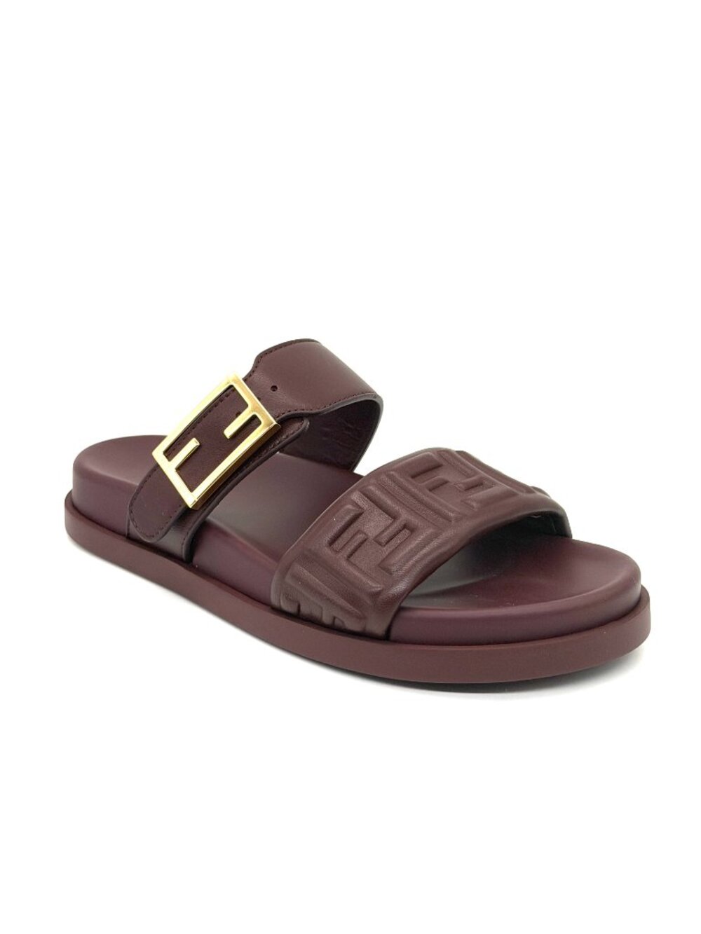 FENDI Feel FF Logo Double Band Flat Leather Slide Dad Sandals Shoes Plum - Picture 8 of 14